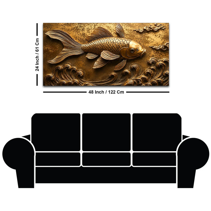 Royal Golden Koi Fish Swimming Through Waves 3D Canvas Wall Painting