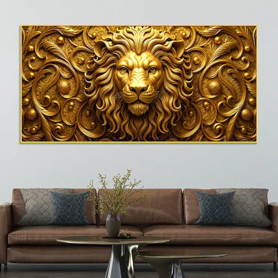Royal Golden Lion Face with Victorian Floral Ornament 3D Canvas Wall Painting