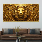 Royal Golden Lion Face with Victorian Floral Ornament 3D Canvas Wall Painting