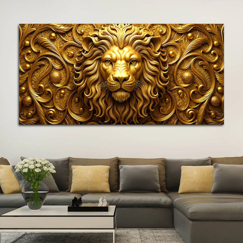 Royal Golden Lion Face with Victorian Floral Ornament 3D Canvas Wall Painting