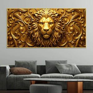 Royal Golden Lion Face with Victorian Floral Ornament 3D Canvas Wall Painting