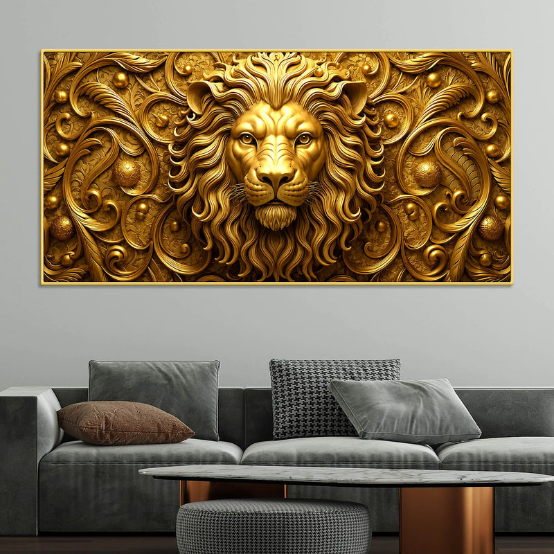 Royal Golden Lion Face with Victorian Floral Ornament 3D Canvas Wall Painting