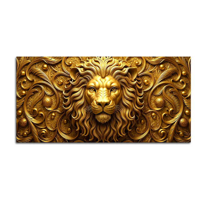 Royal Golden Lion Face with Victorian Floral Ornament 3D Canvas Wall Painting