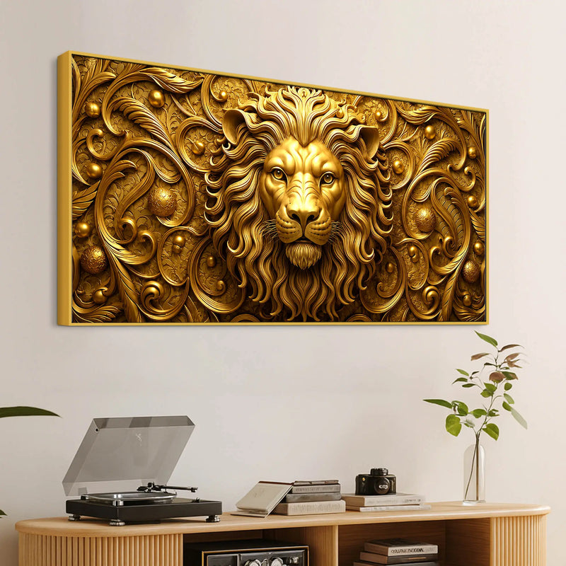 Royal Golden Lion Face with Victorian Floral Ornament 3D Canvas Wall Painting