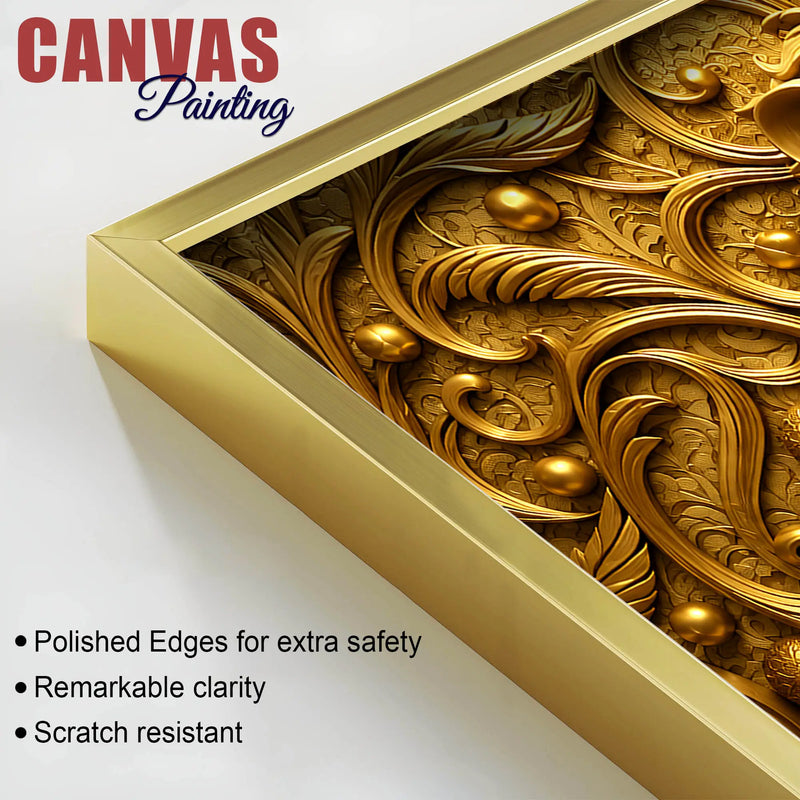 Royal Golden Lion Face with Victorian Floral Ornament 3D Canvas Wall Painting