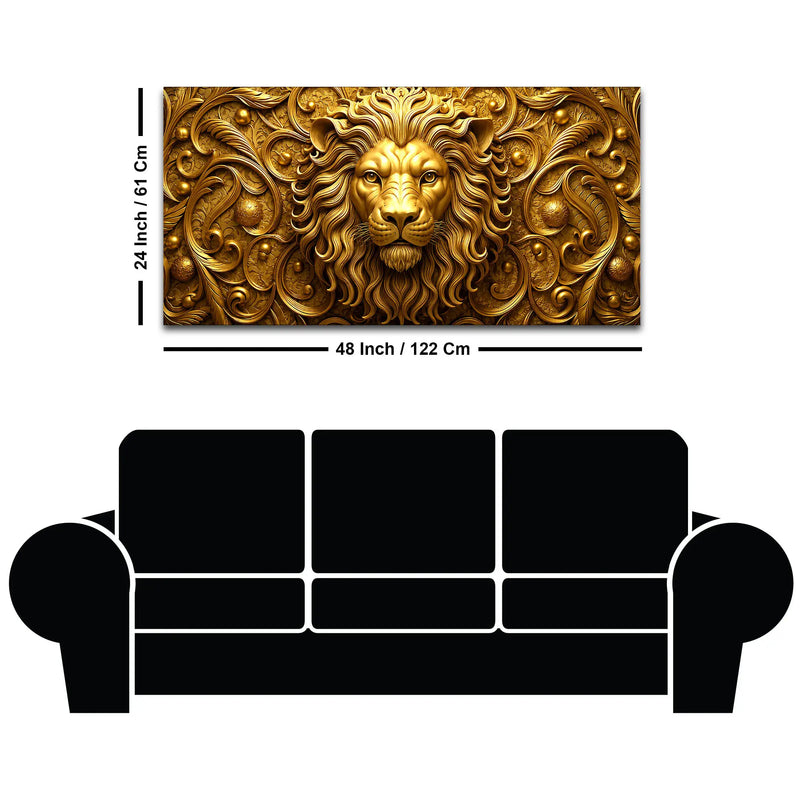 Royal Golden Lion Face with Victorian Floral Ornament 3D Canvas Wall Painting