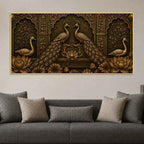 Royal Golden Peacock Pair with Lotus Metallic Look 3D Canvas Wall Painting