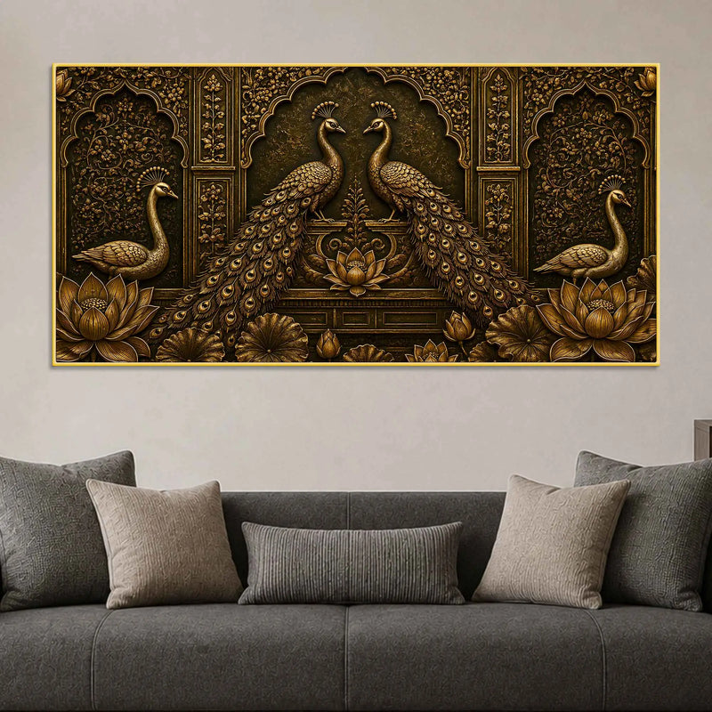 Royal Golden Peacock Pair with Lotus Metallic Look 3D Canvas Wall Painting
