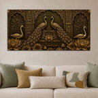 Royal Golden Peacock Pair with Lotus Metallic Look 3D Canvas Wall Painting