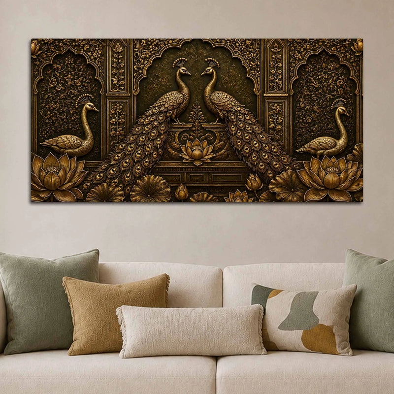 Royal Golden Peacock Pair with Lotus Metallic Look 3D Canvas Wall Painting