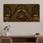 Royal Golden Peacock Pair with Lotus Metallic Look 3D Canvas Wall Painting