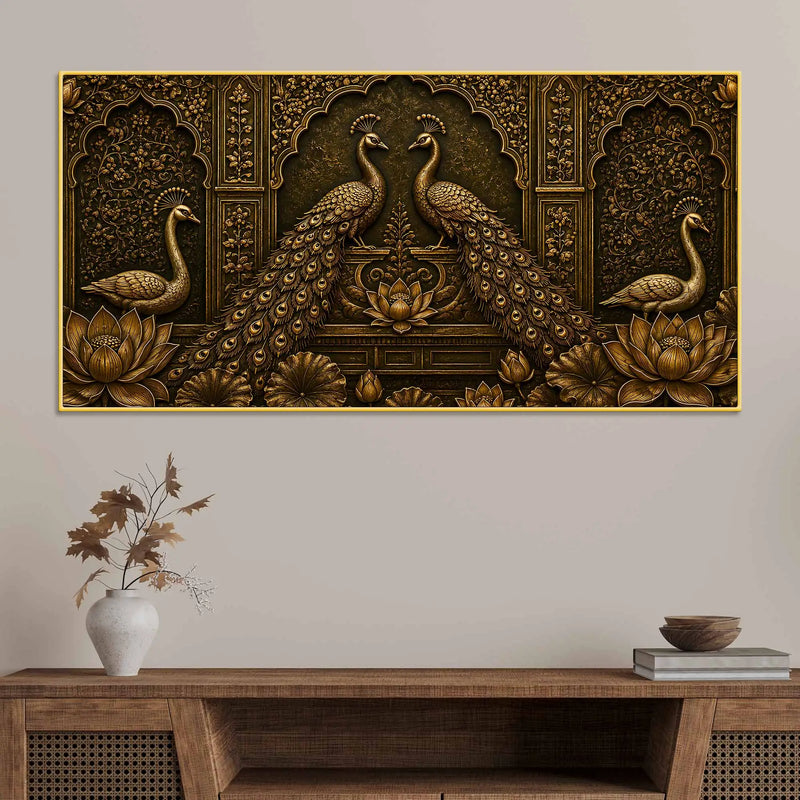 Royal Golden Peacock Pair with Lotus Metallic Look 3D Canvas Wall Painting