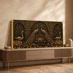 Royal Golden Peacock Pair with Lotus Metallic Look 3D Canvas Wall Painting