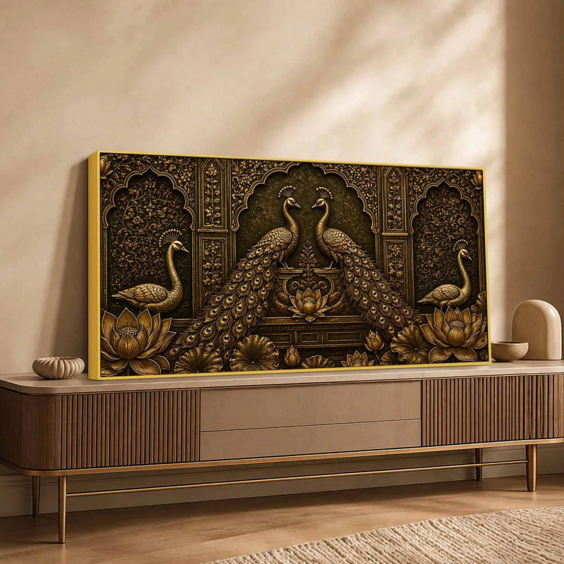 Royal Golden Peacock Pair with Lotus Metallic Look 3D Canvas Wall Painting