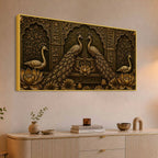 Royal Golden Peacock Pair with Lotus Metallic Look 3D Canvas Wall Painting