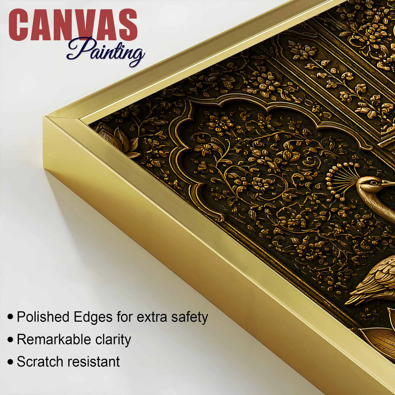 Royal Golden Peacock Pair with Lotus Metallic Look 3D Canvas Wall Painting