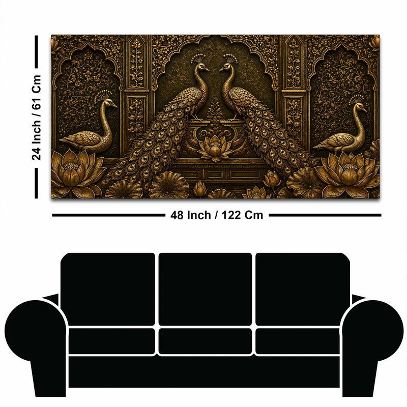 Royal Golden Peacock Pair with Lotus Metallic Look 3D Canvas Wall Painting
