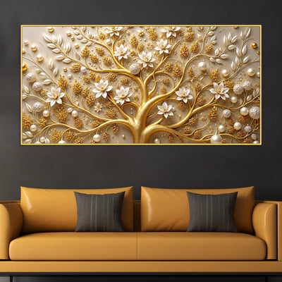 Royal Golden Tree with White Pearls & Blossom Flowers 3D Canvas Wall Painting