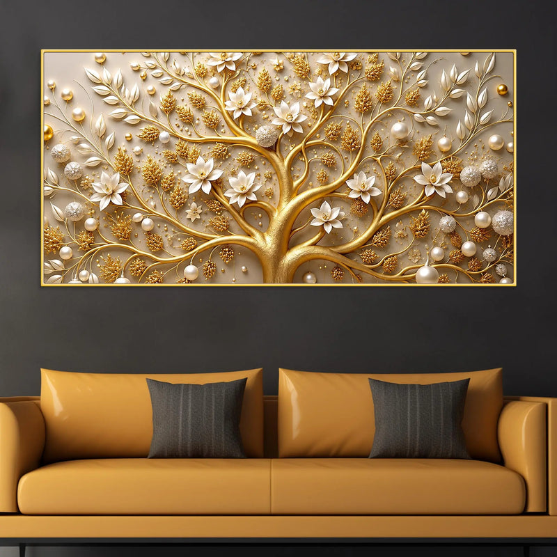Royal Golden Tree with White Pearls & Blossom Flowers 3D Canvas Wall Painting