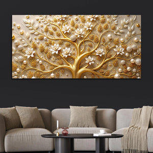 Royal Golden Tree with White Pearls & Blossom Flowers 3D Canvas Wall Painting
