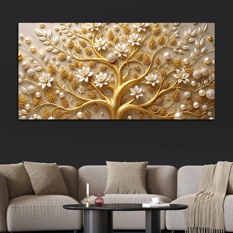 Royal Golden Tree with White Pearls & Blossom Flowers 3D Canvas Wall Painting
