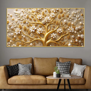 Royal Golden Tree with White Pearls & Blossom Flowers 3D Canvas Wall Painting