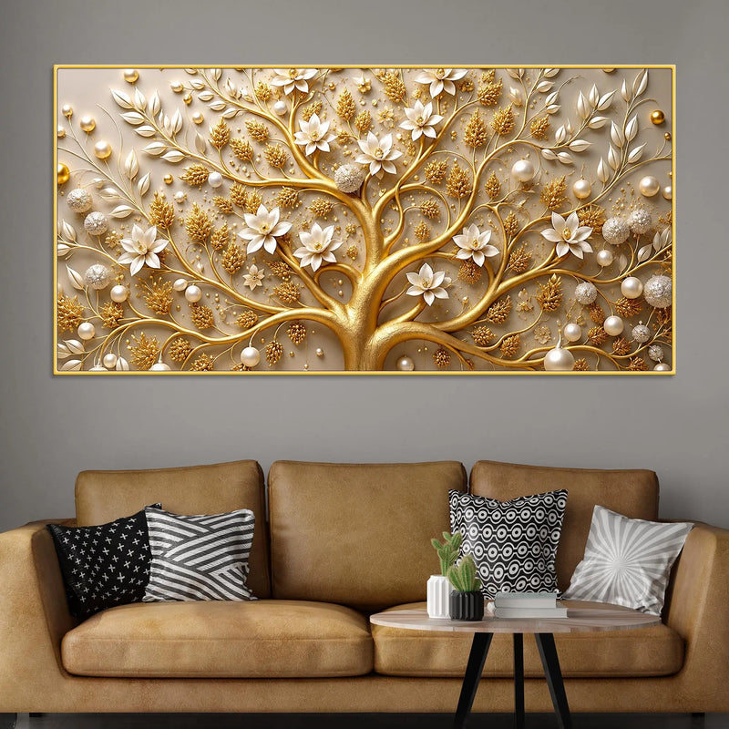 Royal Golden Tree with White Pearls & Blossom Flowers 3D Canvas Wall Painting