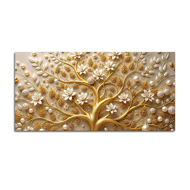 Royal Golden Tree with White Pearls & Blossom Flowers 3D Canvas Wall Painting