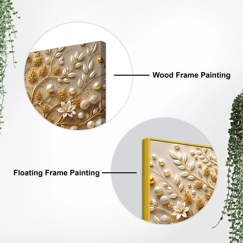 Royal Golden Tree with White Pearls & Blossom Flowers 3D Canvas Wall Painting