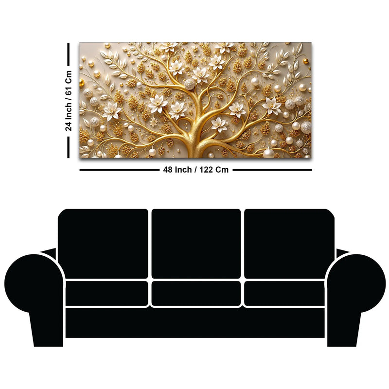 Royal Golden Tree with White Pearls & Blossom Flowers 3D Canvas Wall Painting