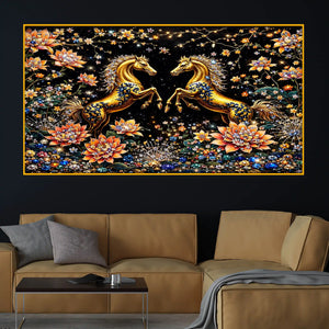 Royal Horse Pair Crystal Glass Wall Art Luxury Painting for Interior Decor