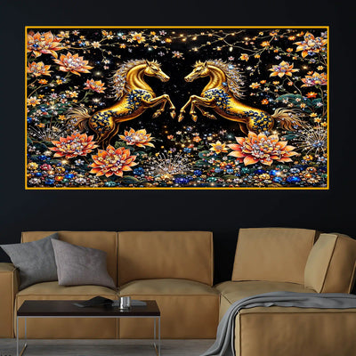 Royal Horse Pair Crystal Glass Wall Art Luxury Painting for Interior Decor