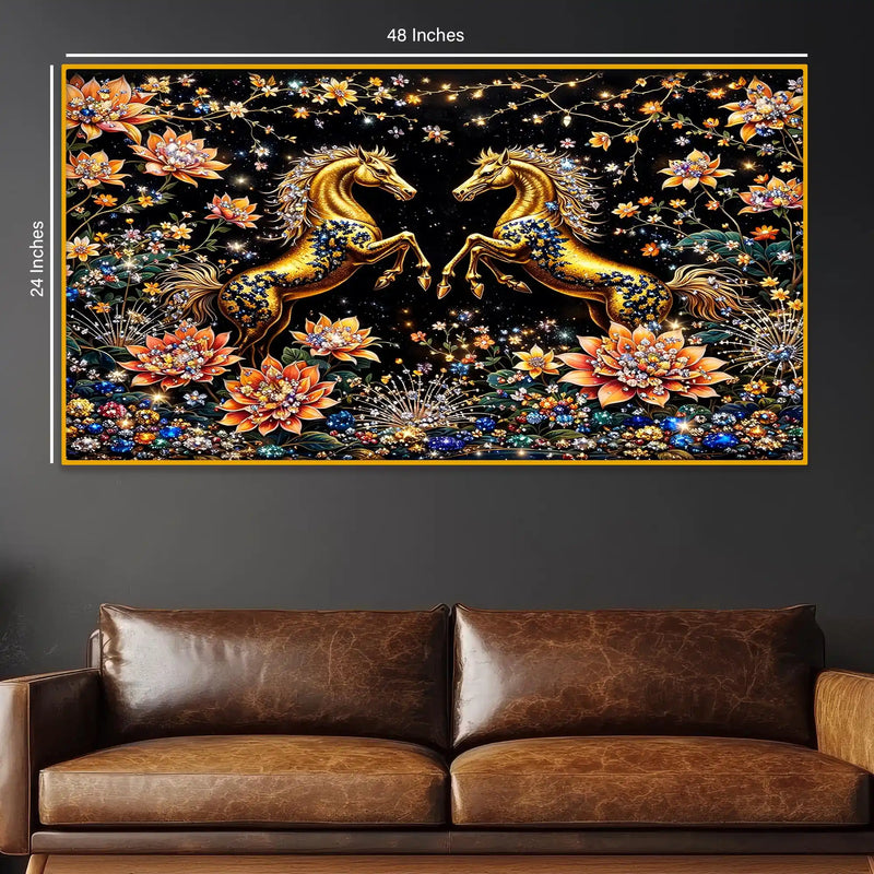 Royal Horse Pair Crystal Glass Wall Art Luxury Painting for Interior Decor