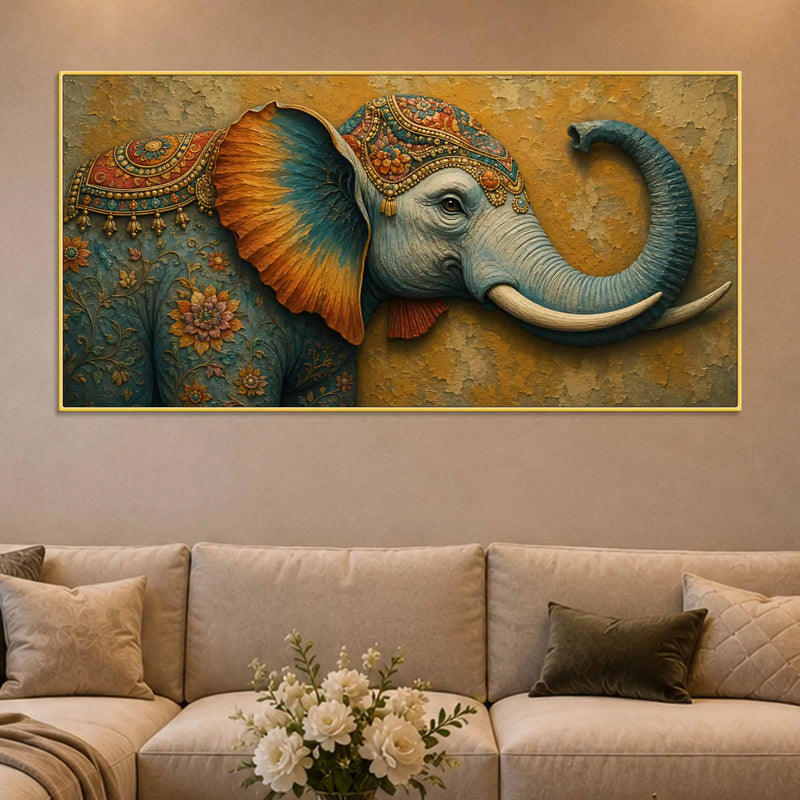Royal Indian Elephant 3D Bas-Relief Type Canvas Wall Painting