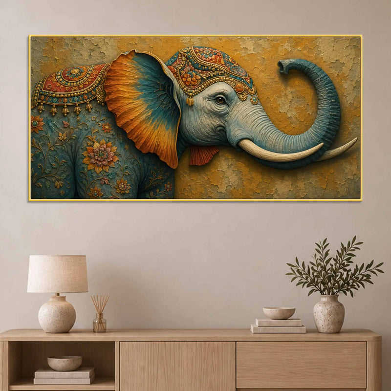 Royal Indian Elephant 3D Bas-Relief Type Canvas Wall Painting