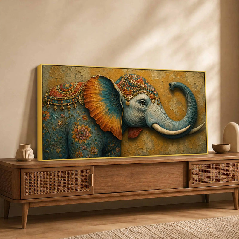Royal Indian Elephant 3D Bas-Relief Type Canvas Wall Painting
