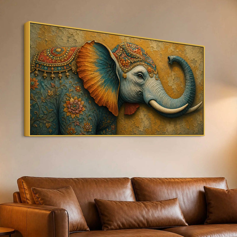 Royal Indian Elephant 3D Bas-Relief Type Canvas Wall Painting