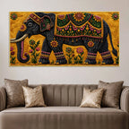 Royal Indian Elephant Embroidered Tanjore Style 3D Canvas Wall Painting