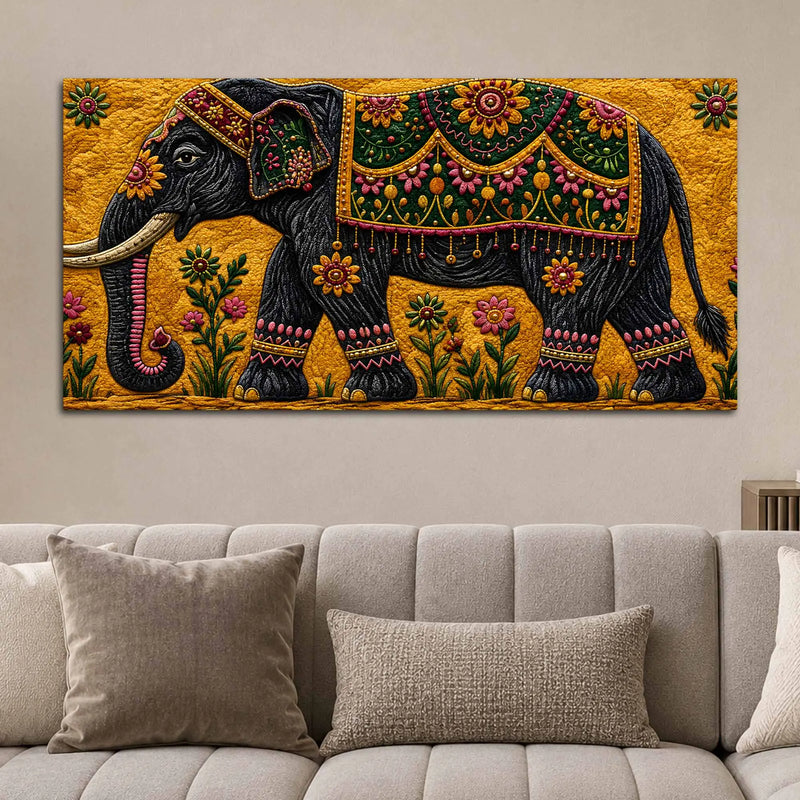 Royal Indian Elephant Embroidered Tanjore Style 3D Canvas Wall Painting
