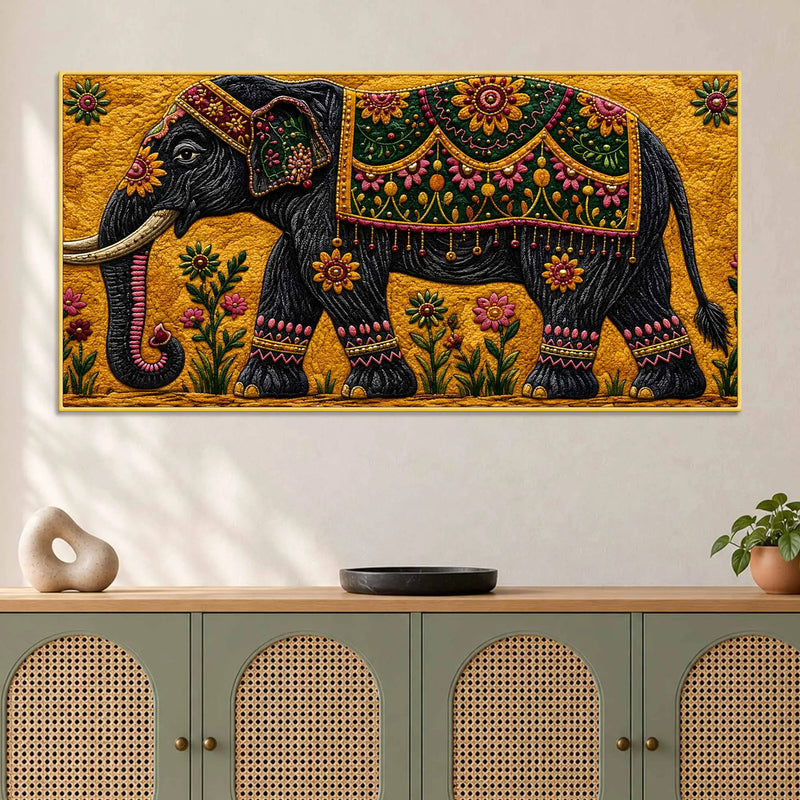 Royal Indian Elephant Embroidered Tanjore Style 3D Canvas Wall Painting