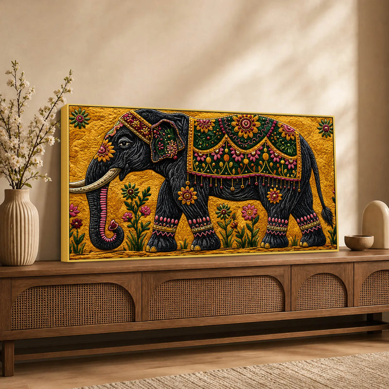 Royal Indian Elephant Embroidered Tanjore Style 3D Canvas Wall Painting