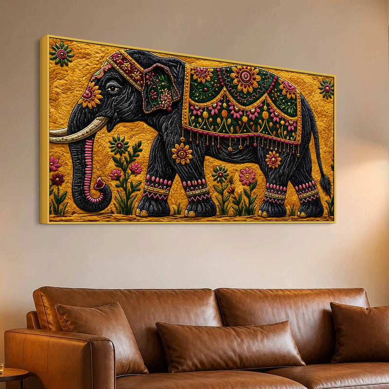 Royal Indian Elephant Embroidered Tanjore Style 3D Canvas Wall Painting