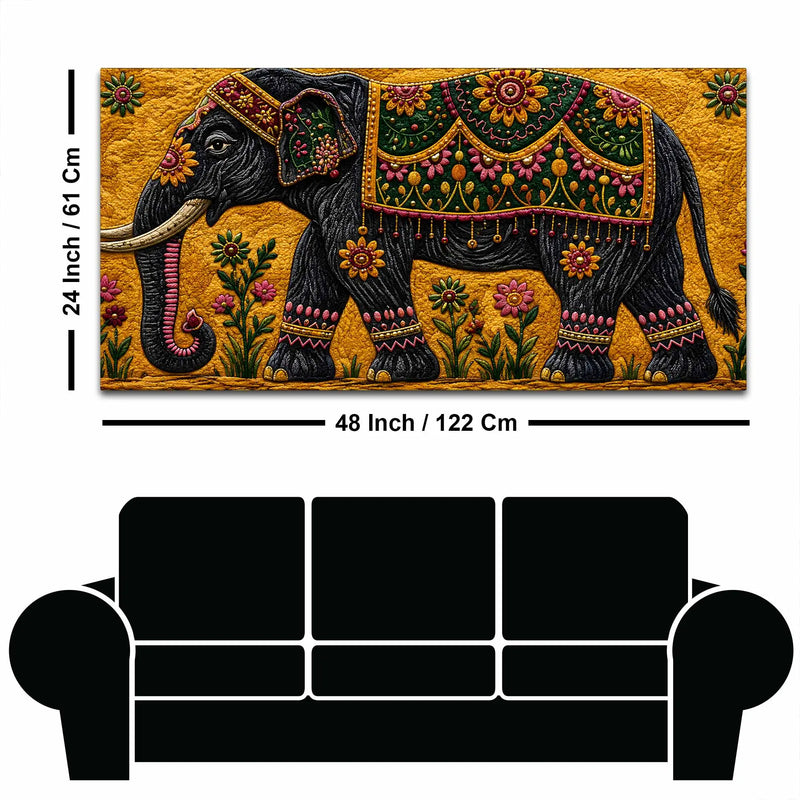 Royal Indian Elephant Embroidered Tanjore Style 3D Canvas Wall Painting