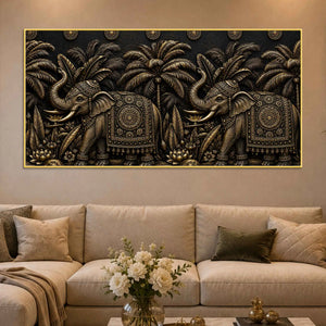 Royal Indian Elephants in Tropical Forest Metallic Look 3D Canvas Wall Painting