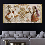 Royal Indian Folk Couple with Lotus & Birds 3D Canvas Wall Painting