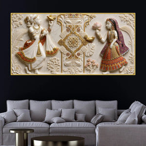 Royal Indian Folk Couple with Lotus & Birds 3D Canvas Wall Painting