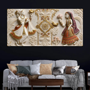 Royal Indian Folk Couple with Lotus & Birds 3D Canvas Wall Painting