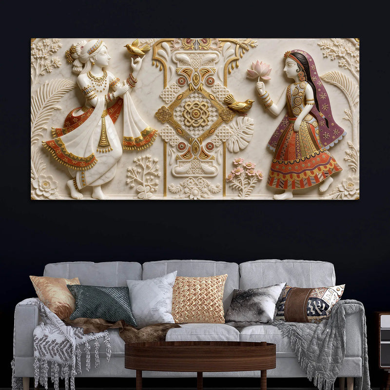 Royal Indian Folk Couple with Lotus & Birds 3D Canvas Wall Painting