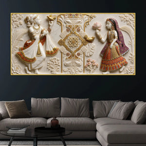 Royal Indian Folk Couple with Lotus & Birds 3D Canvas Wall Painting