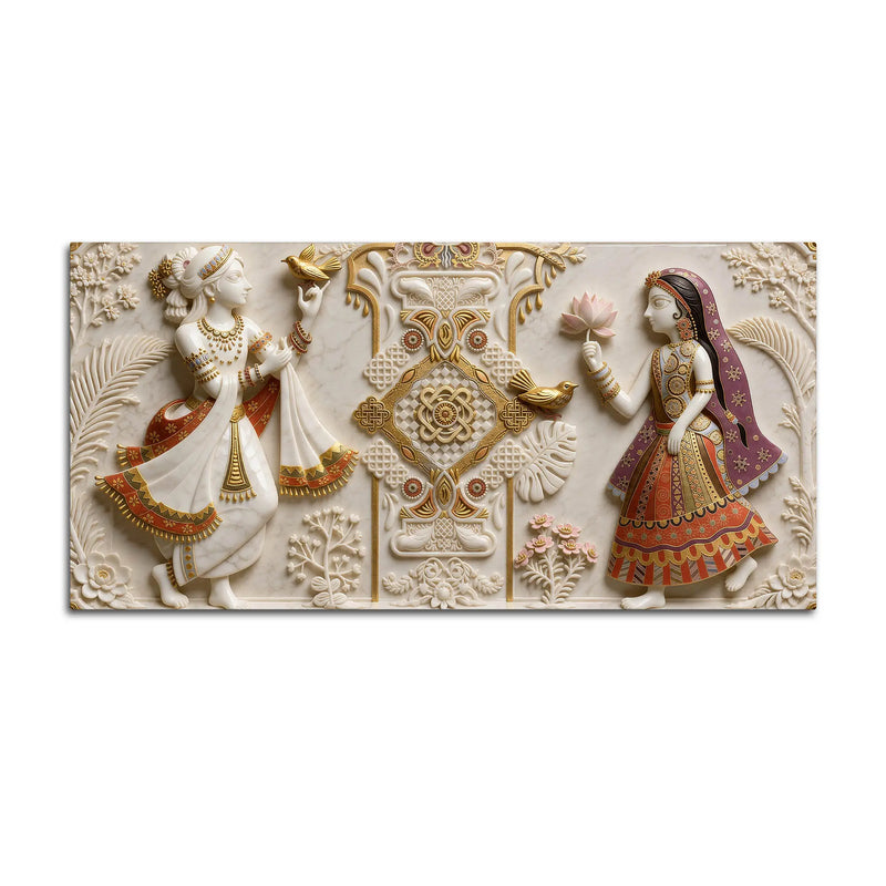 Royal Indian Folk Couple with Lotus & Birds 3D Canvas Wall Painting